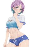  1girl abs absurdres asakura_toru blue_shorts blue_sports_bra blush breasts cameltoe cleavage clothes_lift commission earrings gym_shirt gym_uniform highres idolmaster idolmaster_shiny_colors jewelry lifted_by_self looking_at_viewer medium_breasts nasuno-okina navel pixiv_commission purple_hair shirt shirt_lift short_hair short_shorts short_sleeves shorts simple_background solo sports_bra stomach stud_earrings sweat white_background wiping_sweat 