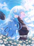  1girl black_coat black_headwear black_ribbon blue_hair breasts closed_eyes cloud coat flower from_side hair_flower hair_ornament hand_in_own_hair hat highres indie_virtual_youtuber long_hair mapidraw meadow milkie_(vtuber) open_mouth peaked_cap ribbon second-party_source sky solo teeth unworn_hat unworn_headwear upper_teeth_only virtual_youtuber white_flower 