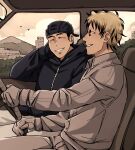  2boys absurdres aikawa_(dorohedoro) black_hair blonde_hair car_interior colored_tips couple dorohedoro driving facial_hair facial_mark highres light_blush male_focus mountain multicolored_hair multiple_boys no_eyebrows profile risu_(dorohedoro) sideburns_stubble stubble tatatasoma thick_eyebrows yaoi 