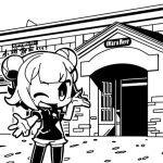  1girl alternate_costume building cevio chibi collared_shirt commentary_request double_bun english_text flipped_hair greyscale hair_bun hand_up koharu_rikka looking_at_viewer lowres monochrome moyasiwhite one_eye_closed open_door open_mouth otaru_(hokkaido) outdoors outstretched_hand polo_shirt real_world_location second-party_source shirt short_hair short_shorts short_sleeves shorts smile solo standing synthesizer_v thighhighs v-shaped_eyebrows 