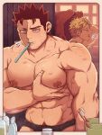  2boys abbbby_28 abs bara bite_mark black_male_underwear blonde_hair blue_eyes boku_no_hero_academia burn_scar endeavor_(boku_no_hero_academia) facial_hair feathered_wings hawks_(boku_no_hero_academia) highres indoors large_pectorals male_focus male_pubic_hair male_underwear mature_male multiple_boys muscular muscular_male navel nipples pectorals pubic_hair scar toothbrush toothbrush_in_mouth underwear veins veiny_arms wings yaoi 