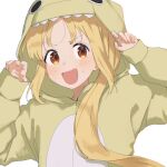  :d absurdres animal_costume animal_hood blonde_hair blush bocchi_the_rock! brown_eyes commentary_request highres hood ijichi_nijika long_hair long_sleeves mosa_1120 open_mouth simple_background smile upper_body white_background 
