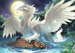  claws dragon dragon_horns dragon_wings fantasy feathered_wings full_moon horns lake looking_at_viewer monster moon nature night no_humans original scales sunakawa_mizuchi western_dragon white_fur wings 