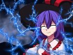  1girl ascot black_headwear bmkro closed_mouth commentary frills highres lightning low_tier_god meme nagae_iku no_pupils purple_hair red_ascot short_hair solo spanish_commentary touhou upper_body you_should_kill_yourself_now_(meme) 