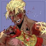  1boy absurdres beowulf_(fate) blonde_hair blood blood_drop blood_on_face blood_on_hands blue_background collarbone dark-skinned_male dark_skin facial_hair fate/grand_order fate_(series) gloves goatee_stubble highres looking_at_viewer male_focus muscular muscular_male pectorals red_eyes red_gloves scar scar_across_eye scar_on_arm scar_on_cheek scar_on_chest scar_on_face short_hair solo stubble teeth topless_male udaruga upper_body wiping_face wrist_guards 