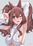  1girl ;d absurdres angelina_(arknights) animal_ears arknights armpits arms_up bare_shoulders blush breasts brown_eyes brown_hair commentary detached_sleeves fang fourtwelve fox_ears grey_background hair_between_eyes highres large_breasts long_hair long_sleeves looking_at_viewer one_eye_closed open_mouth sideboob skin_fang smile solo twintails upper_body 