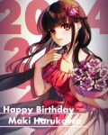  1girl 2024 breasts brown_hair character_name cleavage danganronpa_(series) danganronpa_v3:_killing_harmony flower gem_hair_ornament hair_flower hair_ornament hand_up happy_birthday harukawa_maki highres holding holding_flower large_breasts long_hair looking_at_viewer nota_sayaka pink_flower red_eyes red_flower red_shirt shirt smile solo 