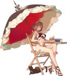  1girl ask_(askzy) bangs beach_umbrella bikini black_bikini black_cat black_footwear book breasts cat chair coconut drinking_straw frilled_bikini frills fruit_cup full_body grey_hair hair_between_eyes high_heels iron_saga judith_(iron_saga) looking_at_viewer medium_breasts official_art red_eyes sandals short_hair sitting swimsuit transparent_background umbrella 