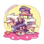  4boys androgyne_symbol animal black_hair black_headwear blue_eyes cat_tail cat_tower chibi chibi_only closed_eyes earrings fang fish holding holding_animal holding_fish jewelry jojo_no_kimyou_na_bouken kemonomimi_mode kotorai kujo_jotaro multiple_boys multiple_persona purple_hair purple_headwear signature sleeping star_(symbol) stardust_crusaders starfish tail translation_request white_background white_hair white_headwear yawning 