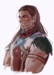  1boy absurdres baldur&#039;s_gate baldur&#039;s_gate_3 bara cropped_torso dungeons_and_dragons from_side halsin highres lehmann long_hair looking_at_viewer male_focus mature_male medium_hair muscular muscular_male pointy_ears smile solo thick_eyebrows unfinished 