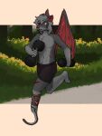 anthro athletic bat bottomwear clothed clothing detailed_background digital_media_(artwork) disability dumbbell exercise forest fur grass grey_body hair heterochromia hi_res kawattame male mammal megabat membrane_(anatomy) membranous_wings notched_wings open_mouth outside pavement plant prosthetic prosthetic_leg prosthetic_limb red_body red_sclera running scar shaded shorts shrub smile solo teeth tree tuft weightlifting weights wings workout