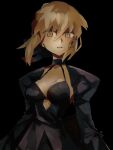  1girl absurdres artoria_pendragon_(fate) azu_(acha2223) black_background black_dress black_ribbon blonde_hair breasts cleavage commentary dress fate_(series) hair_ribbon highres looking_at_viewer parted_lips puffy_sleeves ribbon saber_(fate) saber_alter sidelocks simple_background solo yellow_eyes 