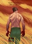  1boy artemy_burakh back back_focus back_muscles blood blood_on_body blood_on_clothes blood_on_hands brown_hair cowboy_shot field highres male_focus mature_male pants pathologic pathologic_2 refurdraws russian_text short_hair solo 