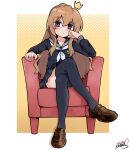  1girl :/ aisaka_taiga armchair black_serafuku black_shirt black_skirt black_thighhighs blush border brown_eyes brown_footwear chair closed_mouth collarbone commentary dot_nose floating_crown full_body hair_between_eyes hair_over_shoulder halftone halftone_background hand_on_own_face hand_up highres koonowen light_brown_hair loafers long_hair long_sleeves looking_at_viewer miniskirt neckerchief outside_border pleated_skirt raised_eyebrow school_uniform serafuku shirt shoes sidelocks signature simple_background sitting skirt solo thighhighs toradora! triple_horizontal_stripe very_long_hair wavy_hair white_border white_neckerchief yellow_background zettai_ryouiki 