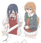  2girls absurdres apron black_hair black_jacket cardigan collared_shirt cooking cooking_pot cutting_board green_ribbon hair_between_eyes haruruhaharur highres holding holding_knife jacket knife konoe_kanata long_hair long_sleeves love_live! love_live!_nijigasaki_high_school_idol_club multiple_girls neck_ribbon nijigasaki_academy_school_uniform open_clothes open_jacket orange_hair parted_lips plaid plaid_skirt pleated_skirt pointing purple_eyes red_apron red_cardigan red_ribbon ribbon school_uniform shirt sidelocks skirt stove upper_body white_background white_shirt white_skirt winter_uniform yuuki_setsuna_(love_live!) 