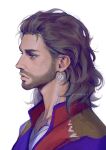  1boy baldur&#039;s_gate baldur&#039;s_gate_3 beard brown_eyes brown_hair collarbone dungeons_and_dragons earrings facial_hair gale_(baldur&#039;s_gate) highres jewelry long_hair male_focus paulina_klime portrait simple_background solo white_background 