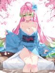  1girl areola_slip blue_kimono blue_sash blush breasts cherry_blossoms cleavage closed_mouth collarbone cup fingernails flower gradient_hair green_eyes green_hair hair_down hair_flower hair_ornament highres huge_breasts japanese_clothes kanroji_mitsuri kimetsu_no_yaiba kimono knees long_hair looking_at_viewer mixed-language_commentary mole mole_under_each_eye mole_under_eye multicolored_hair multiple_moles nail_polish pink_hair pink_nails sakazuki sash sitting smile soaking_legs solo thighs tokkuri two-tone_hair waterring wide_sleeves yukata 