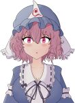  1girl absurdres blue_headwear blush breasts collarbone commentary english_commentary hat highres jaysea large_breasts mob_cap open_mouth pink_hair saigyouji_yuyuko short_hair simple_background solo touhou triangular_headpiece upper_body white_background 
