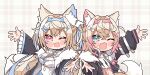 2girls animal_ear_fluff animal_ears blonde_hair blue_eyes blue_hair breasts chibi cleavage collar dog_ears dog_girl fang fuwawa_abyssgard fuwawa_abyssgard_(1st_costume) hair_ornament headphones headphones_around_neck highres hololive hololive_english kukie-nyan large_breasts long_hair mococo_abyssgard mococo_abyssgard_(1st_costume) multicolored_hair multiple_girls one_eye_closed open_mouth pink_eyes pink_hair short_hair siblings sisters skin_fang streaked_hair twins two_side_up virtual_youtuber 