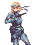  1girl absurdres ammunition_pouch bandana breasts cer00l cosplay english_commentary freckles gun h&amp;k_mark_23 hand_on_own_hip handgun highres ishmael_(project_moon) limbus_company looking_at_viewer medium_breasts metal_gear_(series) metal_gear_solid orange_hair pouch project_moon simple_background sneaking_suit solid_snake solid_snake_(cosplay) weapon white_background 