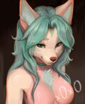 alternate_color anthro breasts canid canine canis chest_tuft choker digital_drawing_(artwork) digital_media_(artwork) female green_hair hair heterochromia hi_res jewelry long_hair mammal necklace nude papaur_(artist) pink_body portrait simple_background solo tuft wolf