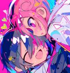  2boys black_hair closed_eyes fang glitch hair_over_one_eye highres multiple_boys original pink_background pink_eyes pink_hair raito-kun_(uenomigi) skin_fang tagme uenomigi upper_body 