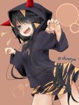  1girl :d akino_shuu black_hair black_hoodie blue_eyes blush brown_background claw_pose commentary_request eyes_visible_through_hair fake_horns hair_over_one_eye hood hood_up hoodie horned_hood horns kako_(kancolle) kantai_collection long_hair long_sleeves looking_at_viewer simple_background smile solo twitter_username v-shaped_eyebrows very_long_hair 