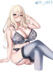  1girl absurdres alternate_costume blonde_hair bra breasts cleavage crossed_legs garter_straps grey_bra grey_panties grey_thighhighs hair_between_eyes highres kantai_collection lace-trimmed_bra lace-trimmed_panties lace_trim large_breasts long_hair looking_at_viewer mole mole_on_breast one-hour_drawing_challenge panties parted_lips richelieu_(kancolle) simple_background solo tf_cafe thighhighs twitter_username underwear underwear_only white_background yellow_eyes 