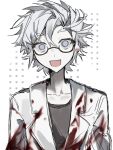  1boy ai_(7148339745) blood blood_on_clothes blue_eyes chinese_commentary collarbone commentary_request glasses grey_shirt highres kanou_aogu lab_coat looking_at_viewer male_focus open_clothes open_mouth pale_skin saibou_shinkyoku semi-rimless_eyewear shirt short_hair sketch smile solo upper_body white_hair 