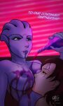 2024 alien alien_humanoid areola aria_t&#039;loak asari beverage blue_eyes bottle breasts commander_shepard container cravingsfree dialogue duo eyelashes female female/female green_eyes hair hi_res human humanoid male mammal mass_effect nipples not_furry nude pouring pouring_on_breasts purple_body purple_skin