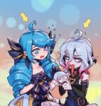  2girls ahoge black_gloves blue_eyes blue_hair blush briar_(league_of_legends) colored_eyelashes colored_sclera drill_hair english_commentary fang from_side gloves grey_hair gwen_(league_of_legends) hair_between_eyes holding holding_stuffed_toy league_of_legends lolita_fashion long_hair long_tongue multicolored_background multicolored_hair multiple_girls no_pupils open_mouth phantom_ix_row pink_hair red_sclera skin_fang streaked_hair stuffed_toy sweatdrop tongue tongue_out two-tone_hair vampire white_eyes 