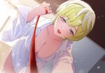  1girl absurdres blonde_hair blue_eyes breasts cleavage earrings higeji_(higeji404) highres holding holding_leash izumo_tenka jewelry large_breasts leash looking_at_viewer mato_seihei_no_slave naked_shirt open_mouth shirt short_hair solo 