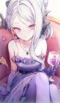  1girl :o absurdres asymmetrical_sidelocks bare_shoulders blue_archive blush breasts cup demon_horns dress elbow_gloves feet_out_of_frame gloves grey_hair highres hina_(blue_archive) hina_(dress)_(blue_archive) holding holding_cup horns looking_at_viewer misyune pantyhose purple_dress purple_eyes purple_gloves purple_pantyhose sitting small_breasts solo 