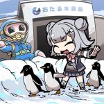  1girl aquarium bird black_jacket black_skirt blue_sky bow bowtie building cevio closed_eyes double_bun flipped_hair following grey_hair grey_hoodie hair_bun hood hoodie jacket jacket_over_hoodie koharu_rikka lowres mascot moyasiwhite open_clothes open_jacket otaru_(hokkaido) outdoors outline outstretched_arms penguin pink_bow pink_bowtie pleated_skirt real_world_location second-party_source short_hair skirt sky smile snow socks solo spread_arms statue synthesizer_v v-shaped_eyebrows walking white_socks 