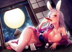  animal_ears breasts bunny_ears giuniu nipples no_bra nopan open_shirt sake wet yukata 