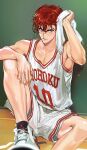  1boy basketball_jersey basketball_uniform bishounen black_eyes drying drying_hair foot_out_of_frame highres leg_up looking_to_the_side male_focus nomimono_rh pectoral_cleavage pectorals red_hair sakuragi_hanamichi shoes short_hair shorts sitting slam_dunk_(series) sneakers solo sportswear sweat tank_top toned toned_male towel white_shorts white_tank_top 