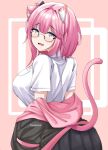  1girl :d animal_ears artist_name black_hoodie black_skirt breasts cat_ears cat_girl cat_tail fang from_side glasses highres hood hoodie ibispaint_(medium) large_breasts looking_at_viewer looking_back original pink_background pink_hair pink_tail purple_eyes round_eyewear shirt skin_fang skirt smile ssiapasaya tail twitter_username white_shirt 