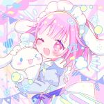  1girl ;d abstract_background animal_ears cinnamoroll dress fake_animal_ears highres maid_headdress one_eye_closed ootori_emu open_mouth pink_eyes pink_hair pink_theme project_sekai sanrio smile 