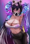  1girl absurdres armpits arms_behind_head arms_up bandeau black_hair black_pants breasts cleavage collarbone commentary covered_mouth goddess_of_victory:_nikke hair_between_eyes headgear high-waist_pants high_ponytail highres jacket large_breasts long_hair looking_at_viewer mask mikkom mouth_mask pants purple_background purple_eyes purple_jacket sidelocks sin_(nikke) smoke solo standing stomach very_long_hair white_bandeau yoga_pants 