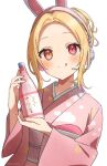  1girl alternate_costume alternate_hair_length alternate_hairstyle animal_ear_headphones animal_ears blonde_hair blush bottle closed_mouth commentary dot_nose drink fake_animal_ears floral_print h_(eitilog) hands_up headphones headset heterochromia highres holding holding_bottle holding_drink hoshikawa_sara japanese_clothes kimono long_sleeves looking_at_viewer mechanical_ears nail_polish nijisanji orange_eyes pink_kimono pink_nails print_kimono rabbit_ears red_eyes short_hair simple_background smile solo symbol-only_commentary tongue tongue_out twitter_username upper_body virtual_youtuber watermark white_background wide_sleeves 