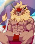 abs bandai_namco beach beard biceps blonde_hair blue_eyes bulge clothed clothing digimon digimon_(species) ear_piercing facial_hair flotation_device genital_outline greeneyedwolfking hair hat headgear headwear hi_res leomon male mane navel nipples parasol pecs penis_outline piercing sea seaside solo speedo swimwear topless vein veiny_muscles water whistle_(object)