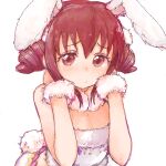  1girl animal_ears artist_request bad_drawr_id bad_id bare_arms brown_eyes brown_hair character_request closed_mouth cone_hair_bun copyright_request double_bun flat_chest frown fur-trimmed_leotard fur_bracelet fur_trim hair_bun hands_on_own_neck leotard looking_at_viewer oekaki playboy_bunny rabbit_ears rabbit_tail short_hair sidelocks simple_background solo tail upper_body white_background white_leotard 