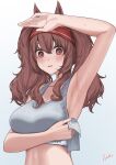  1girl absurdres angelina_(arknights) animal_ears arknights arm_up armpits blush breasts brown_hair fourtwelve fox_ears hairband highres large_breasts long_hair looking_at_viewer midriff open_mouth red_eyes red_hairband solo sports_bra sweat twintails upper_body white_sports_bra 