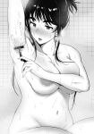 1girl :o areola_slip arm_up armpit_hair armpits bathing black_hair breasts chicken4260 collarbone completely_nude covering_nipples greyscale highres holding indoors large_breasts monochrome navel nude open_mouth original restroom solo stomach tile_wall tiles wet 