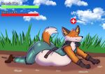 absurd_res anthro belly blush canid canine clothed clothing dirt epic_games fennix_(fortnite) fortnite fox fur gloves grass green_clothing handwear hi_res inflation lying_on_ground male mammal nervous nervous_sweat open_clothing open_shirt open_topwear orange_body orange_fur outside plant shirt solo spikes tail thick_thighs topwear v1sage white_body white_fur yellow_eyes