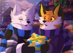 absurd_res anthro arctic_fox brother_(lore) canid canine christmas christmas_clothing clothing duo epic_games fennix_(fortnite) fortnite fox fur gift happy hi_res holidays leo-wolf male male/male mammal orange_body orange_fur outside scarf sibling_(lore) snow sweater teeth topwear volpez_(fortnite) white_body white_fur yellow_eyes
