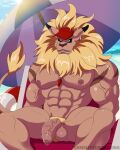 abs bandai_namco beach beard biceps blonde_hair blue_eyes clothing digimon digimon_(species) ear_piercing facial_hair flaccid flotation_device foreskin genitals greeneyedwolfking hair hat headgear headwear hi_res humanoid_genitalia humanoid_penis leomon male mane navel nipples parasol pecs penis piercing sea seaside solo vein veiny_muscles veiny_penis water whistle_(object)