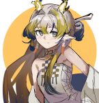  1girl ao_oni_(onioni-aoi) arknights bare_shoulders blonde_hair blush border closed_mouth commentary_request dragon_girl dragon_horns dress earrings grey_dress grey_eyes grey_hair hair_between_eyes hair_intakes hair_ornament hairpin highres horns jewelry long_hair looking_to_the_side multicolored_hair orange_background outside_border pointy_ears purple_hair shu_(arknights) simple_background sketch sleeveless sleeveless_dress solo streaked_hair unfinished upper_body white_border yellow_horns 