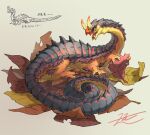  animal_focus autumn_leaves chimera commentary creature dragon english_commentary from_side full_body holding holding_leaf horns inset leaf millipede multiple_legs multiple_views no_humans open_mouth original sharp_teeth signature simple_background sketch_inset smile tail teeth yamamura_le yellow_background yellow_eyes yellow_horns 