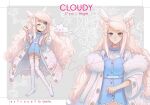  1girl adoptable angel artist_name astrocatsama beads belt blonde_hair blue_collar blue_dress blue_eyes border buttons character_age character_name clenched_hands closed_mouth cloud coat coat_partially_removed collar collared_shirt cowboy_shot double_bun dress english_text eyelashes floral_background full_body fur-trimmed_coat fur_trim grey_background grin hair_beads hair_bun hair_ornament lace-trimmed_dress lace-trimmed_thighhighs lace_trim light_blush long_hair long_sleeves looking_at_viewer mole mole_under_eye multiple_views navel one_eye_closed original reference_sheet shirt short_dress signature simple_background sleeveless sleeveless_dress smile spaghetti_strap thighhighs venus_symbol very_long_hair white_belt white_border white_coat white_shirt white_sleeves white_thighhighs wide_sleeves wing_hair_ornament winged_legs 
